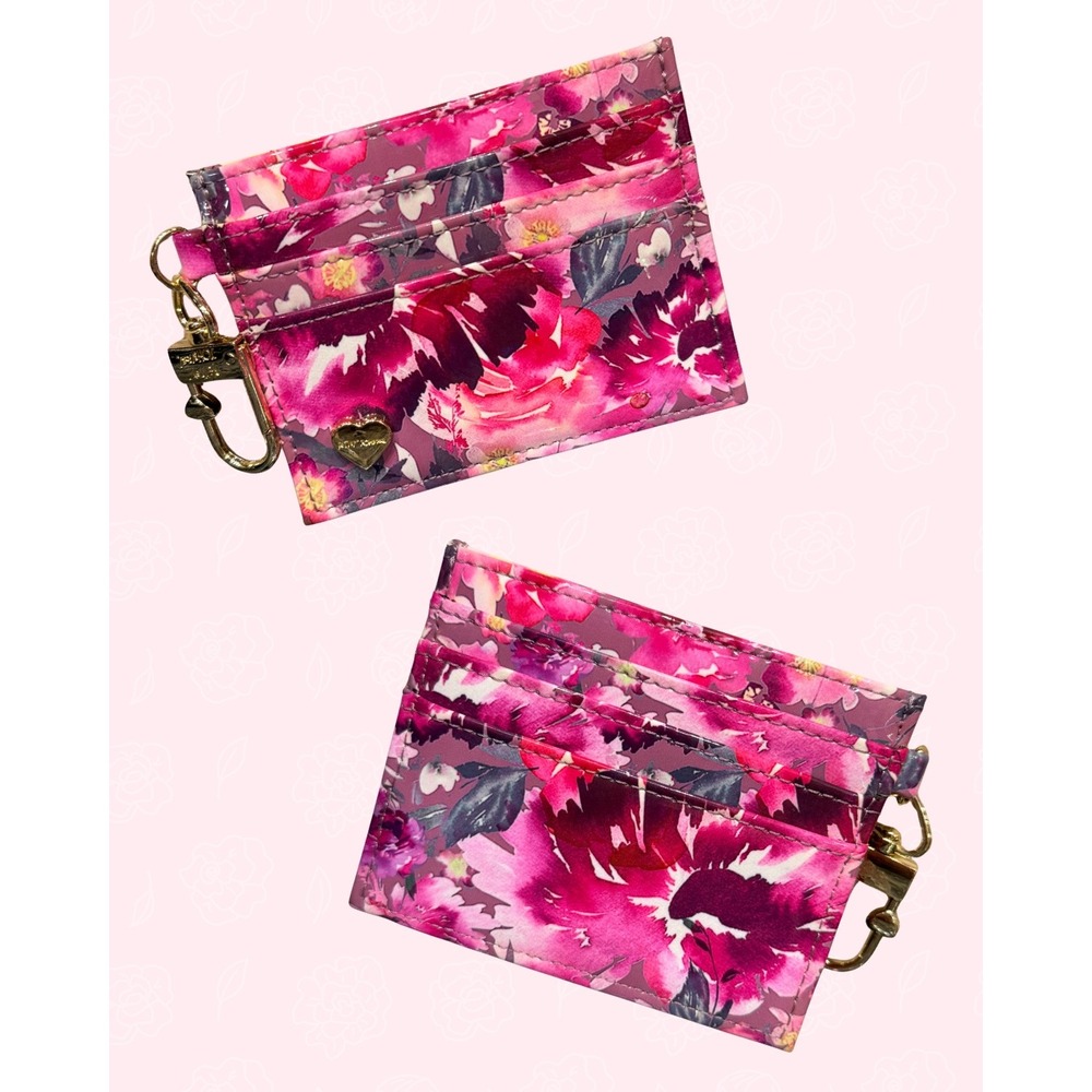 Betsey Johnson Pink Floral Card & ID Holder Wallet With Key Clip Gold Heart Logo